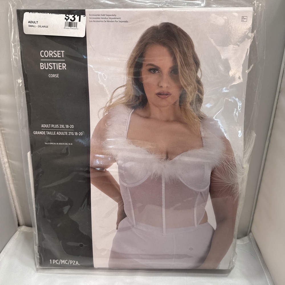 Angel Corset Bustier Costume White Feather Trim Adult Plus Size 2XL 18-20 NEW